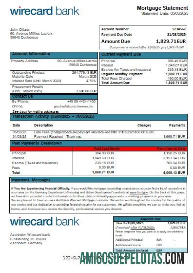 Declaração de hipoteca do Banco Aschheim Wirecard da Alemanha Scr exemplo real